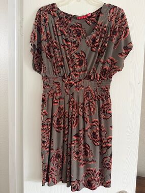 Elle Gray Mini Dress with Red and Black abstract Floral Print